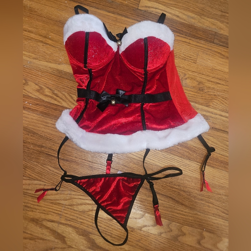 Sexy Santa Red Velvet Holiday Bustier Set with Faux Fur Trim & Matching Thong